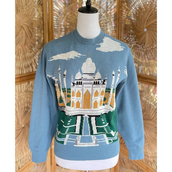 Vintage JC Penney Virgin Wintuk Acrylic Blue Knit Taj Mahal Graphic Sweater - Picture 1 of 7